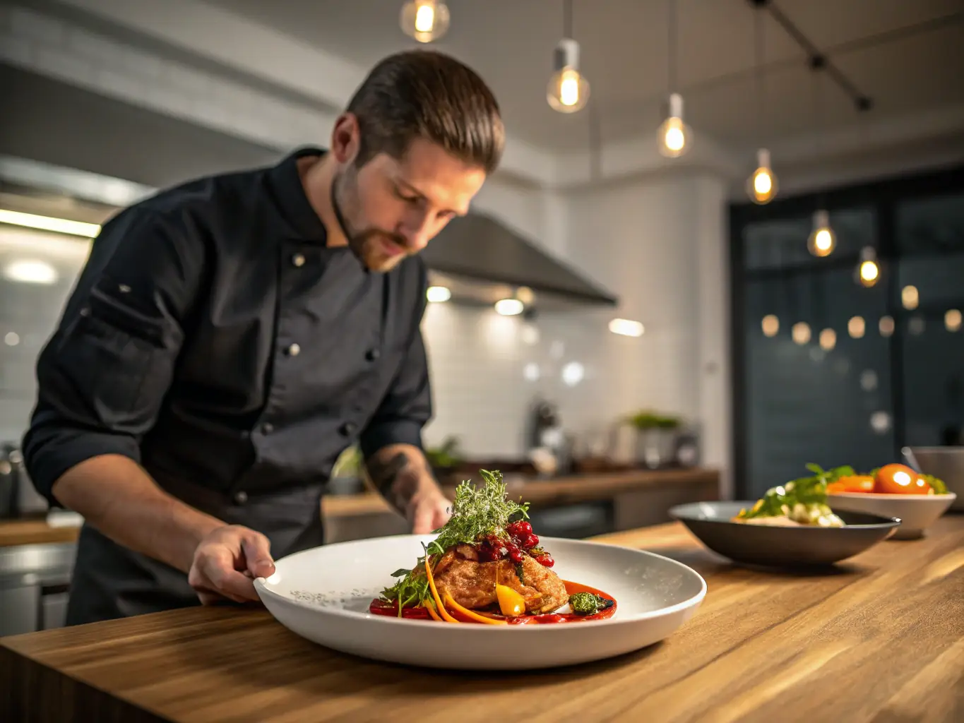 A moody, high-contrast image of a chef plating a fusion dish in an elegant, dimly lit dining space, with global and local ingredients artfully displayed, representing Glokal Kitchen’s world-class culinary experience.