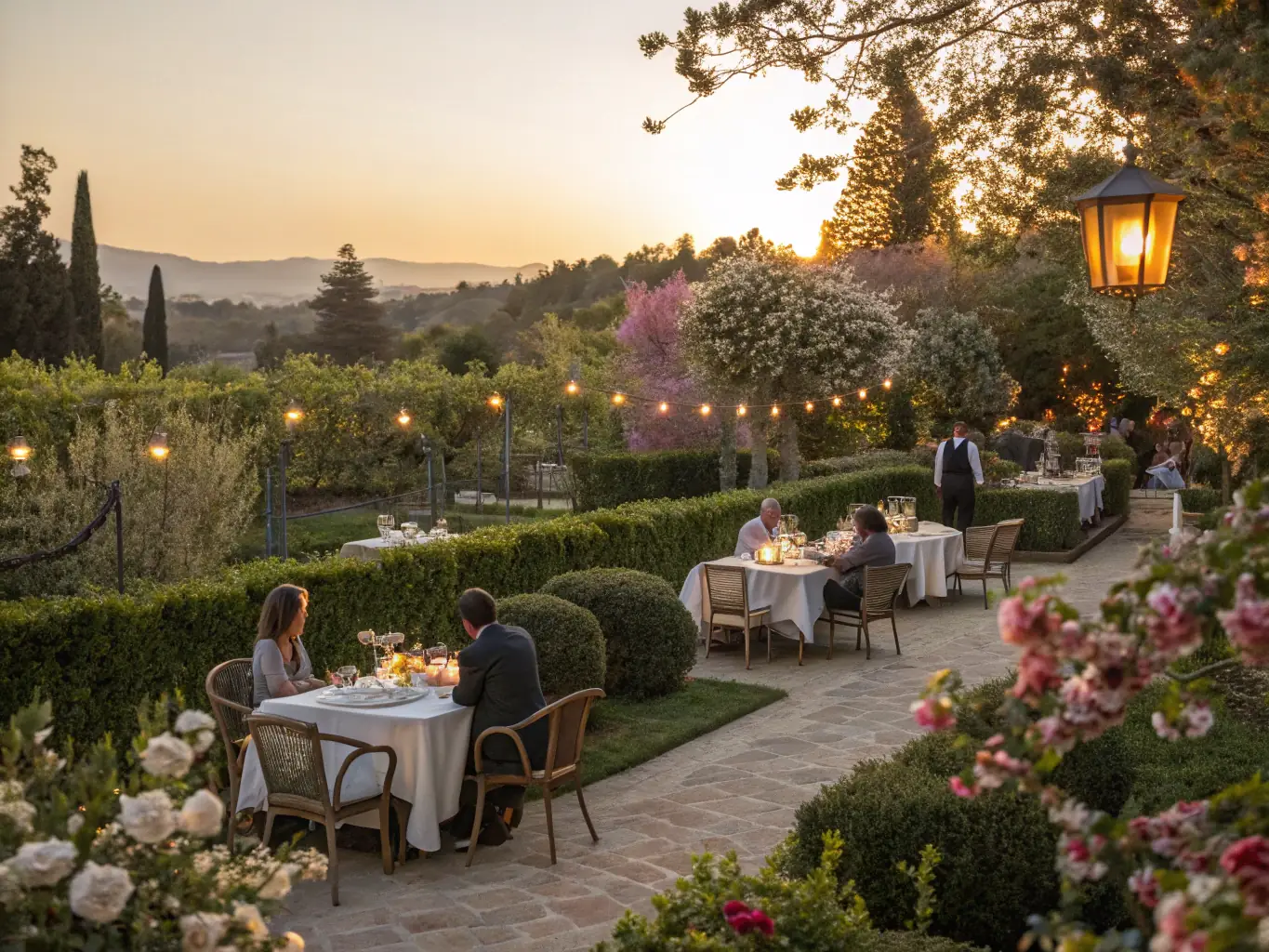 A moody, high-end photo of an ultra-private jungle dinner: candlelit tables, gourmet cuisine, and elegantly dressed guests enjoying exclusive entertainment in a secluded, verdant setting.