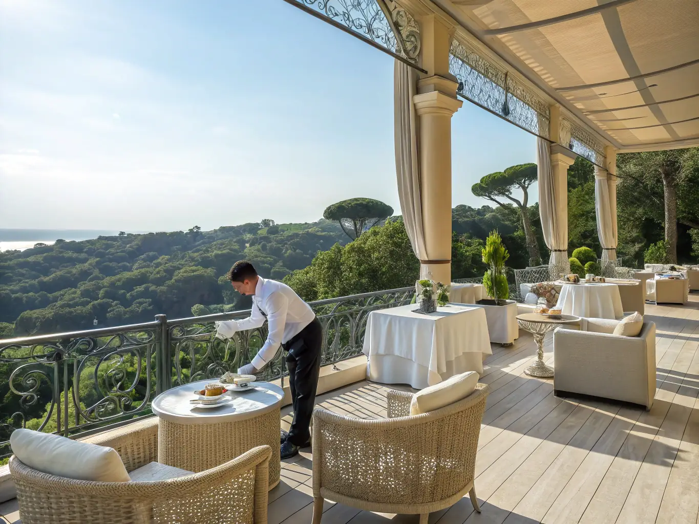 A cinematic image of a luxury outdoor corporate retreat: elegant lounge setups, ambient lighting, and executives networking amidst dense greenery, with a backdrop of modern architecture and exclusive decor.