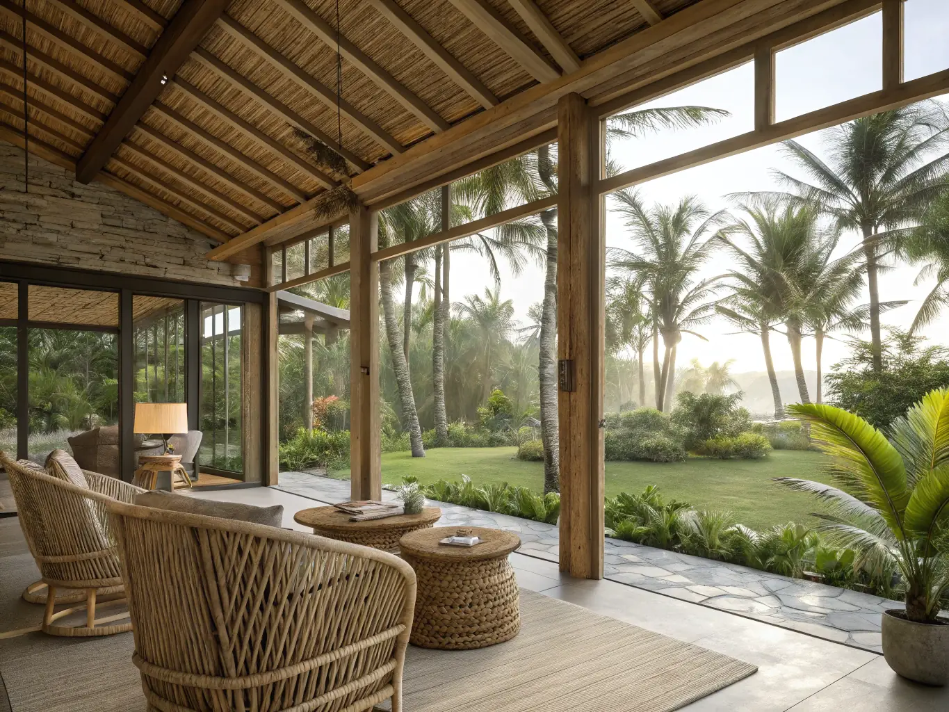 A hyper-realistic, cinematic image of a luxurious private villa suite surrounded by lush jungle foliage, with moody lighting and deep green accents, evoking exclusivity and tranquility for the Habitat hospitality experience.