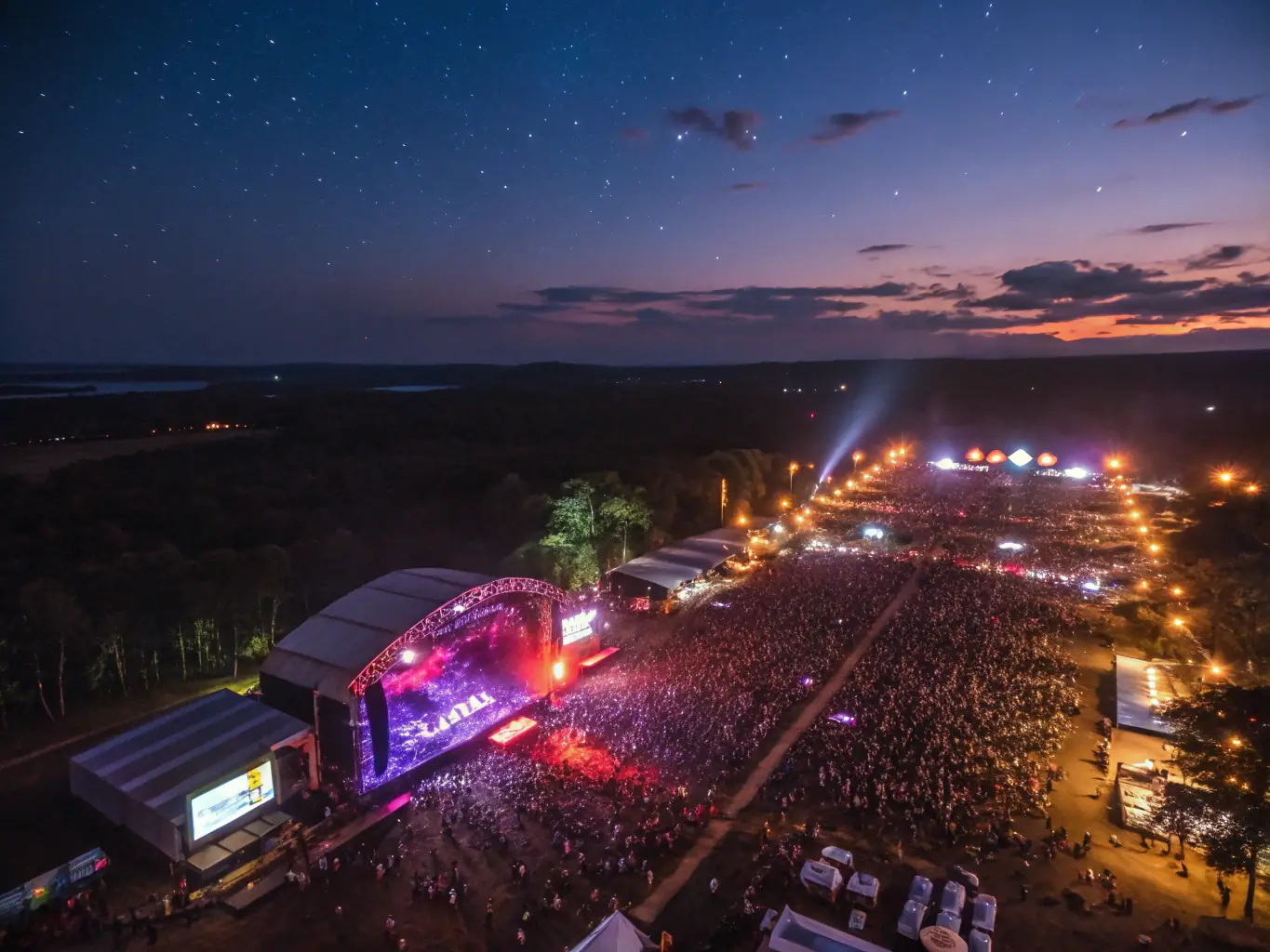 A hyper-realistic night scene of a massive open-air electronic music festival in a lush jungle, with dramatic lighting, a stylish crowd, and a futuristic stage, all set against deep greens and moody shadows.