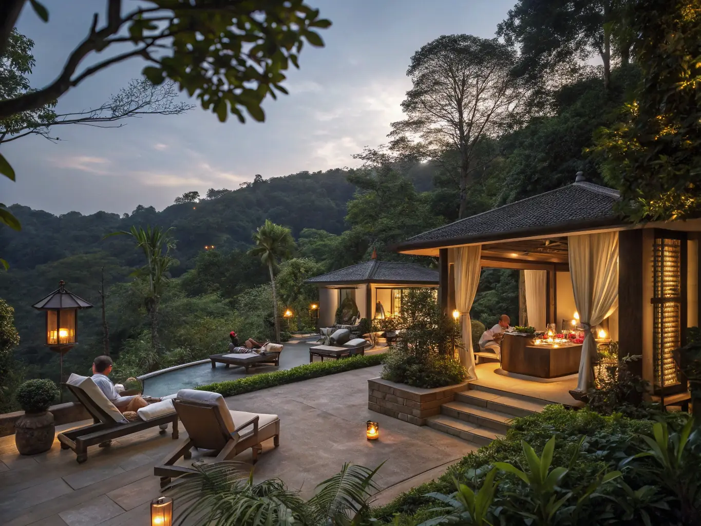 A cinematic, dark-toned image of a serene spa sanctuary with candlelit ambiance, stone pathways, and lush greenery, capturing the essence of high-end wellness and rejuvenation at Renati Spa.